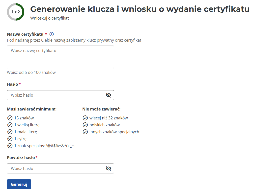 Generowanie certyfikatu do KSeF